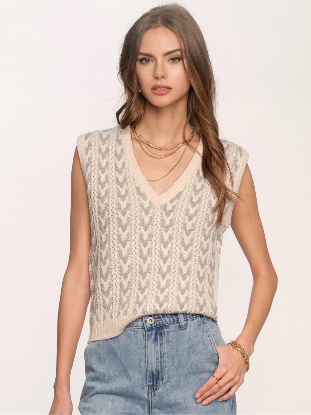 Heartloom Phoenix Sweater Vest XS Ivory Gray Herringbone Knit Relaxed Fit